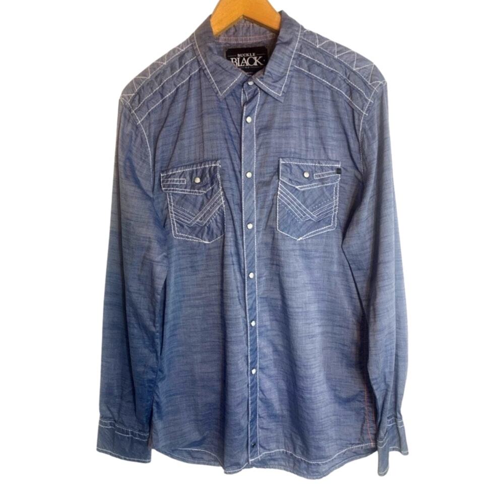The Buckle Black Blue Denim Long Sleeve Pearl Snap Shirt Embroidered Lt Weight L